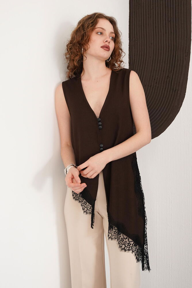 Sıfır Kol Toptan Etek Ucu Dantel V Yaka Toptan Bluz - Kahve | D2993 - Topshow