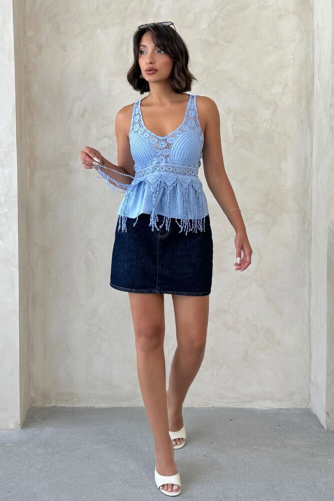 D 2892 Dantel Detaylı Askılı Bluz- MAVİ