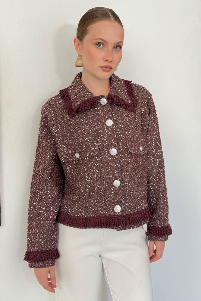 F 2144 PÜSKÜL DETAYLI  PULLU CEKET - KAHVE