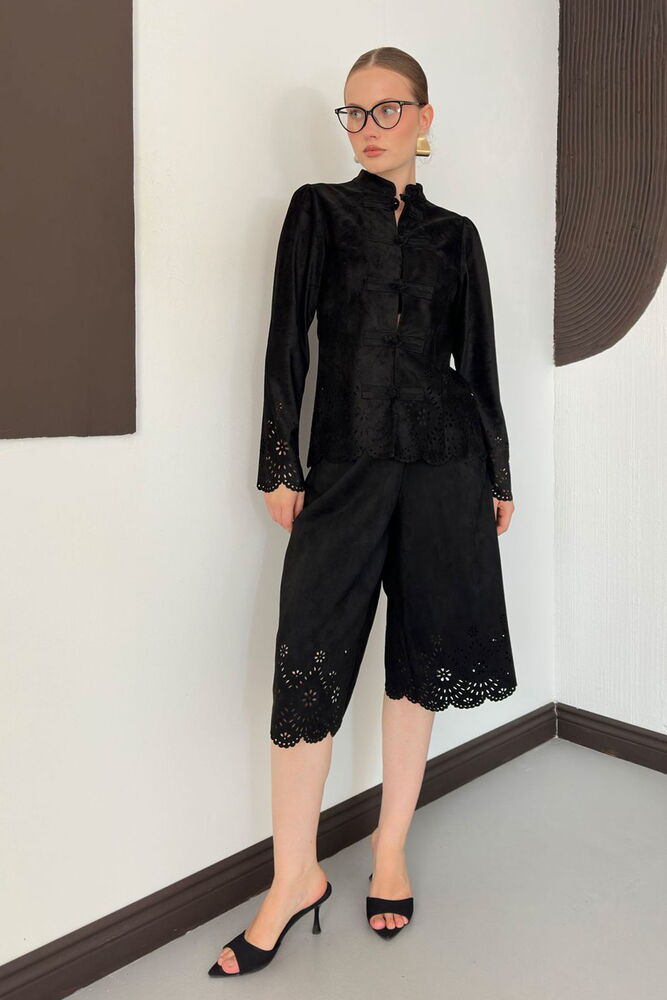 F 2154 LAZER KESİM SÜET KAPRİ PANTOLON - SİYAH