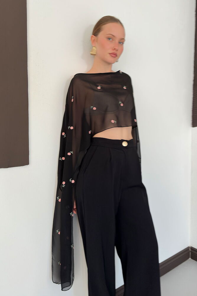 D 3137 NAKIŞLI ŞİFON PELERİN BLUZ - SİYAH PUDRA