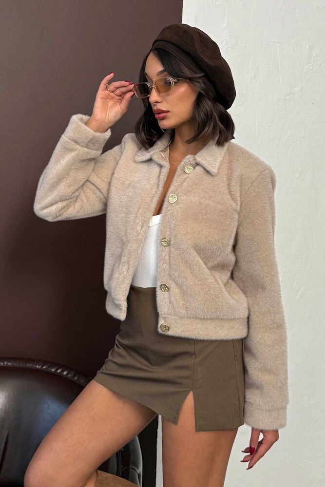 Topshow - Toptan Peluş Düğmeli Mont - TAŞ