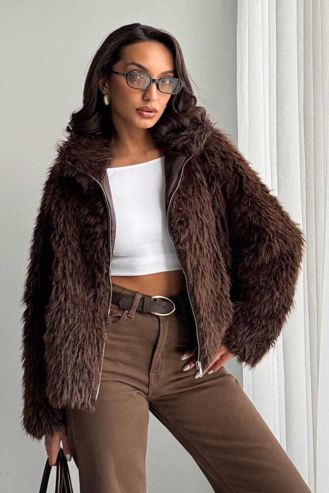 Yapay Kürk Kadın Ceket – Fermuarlı, Yumuşak Dokulu Modern Kışlık Mont - KOYU KAHVE