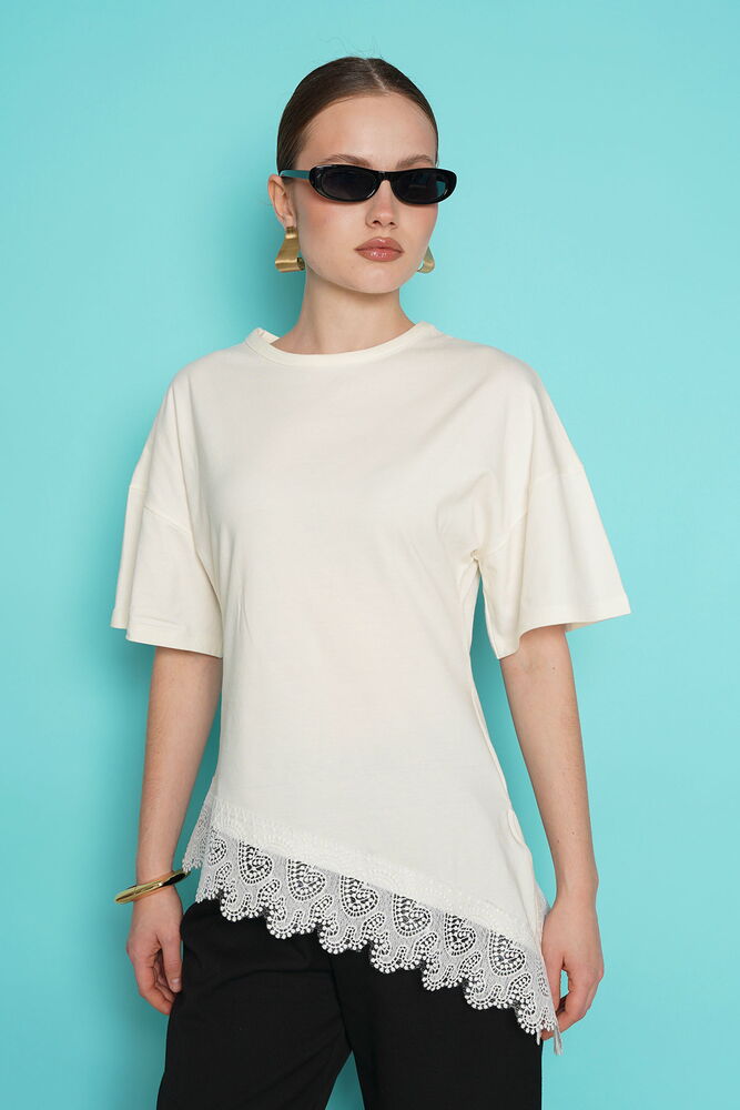 D 2991 ETEK UCU GÜPÜR T SHIRT - KREM