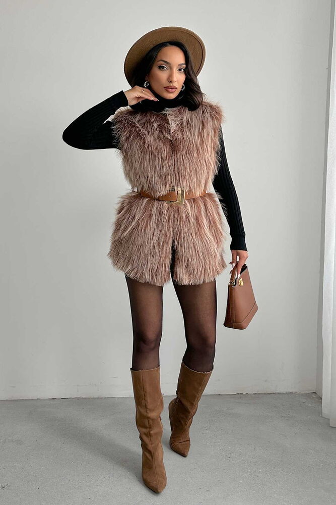  Yapay Kürk Kadın Toptan Yelek – Yumuşak Dokulu - AÇIK KAHVE