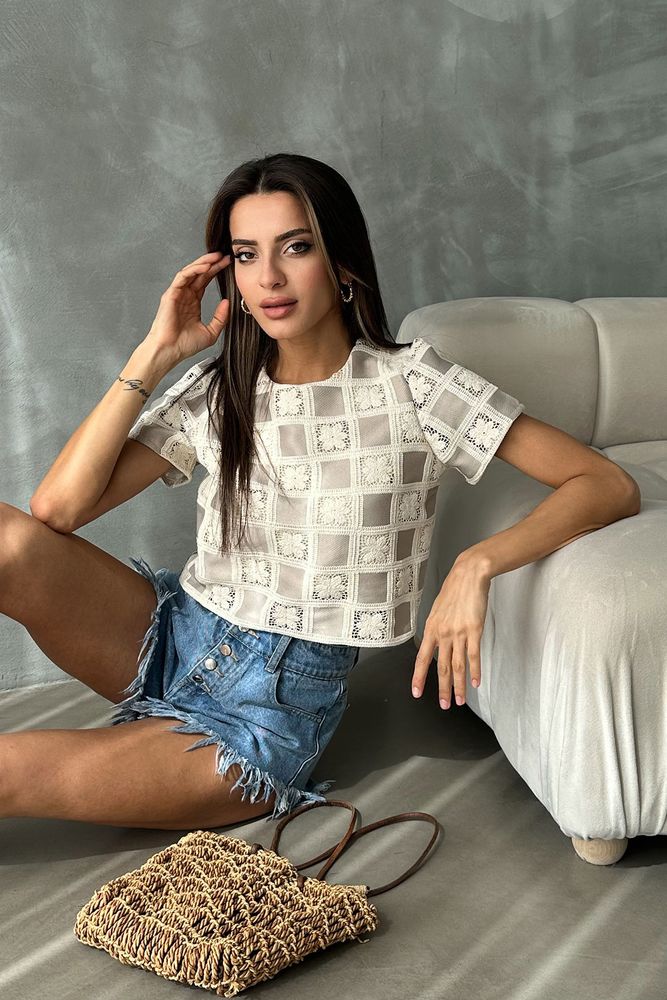 Topshow Ham Taş Kısa Kollu Dama Desen Tığ İşi Toptan Bluz