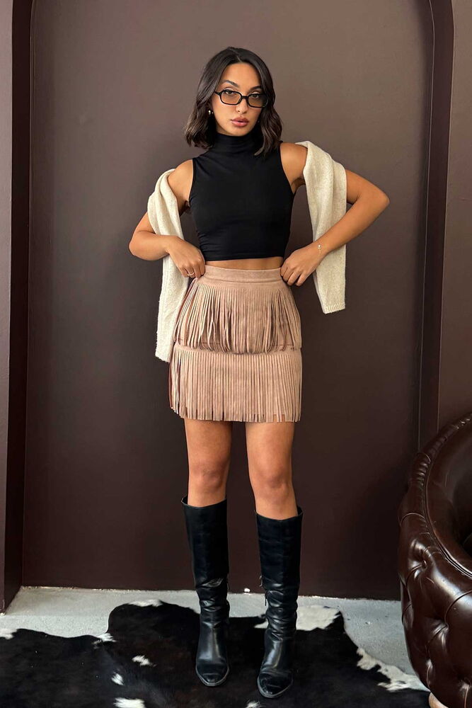 F 2030 PÜSKÜLLÜ SCUBA SÜET ETEK - VİZON