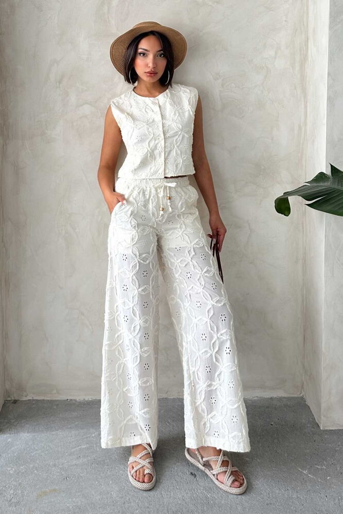 D 2850 NAKIŞLI SÜZÜNELİ PANTOLON - KREM