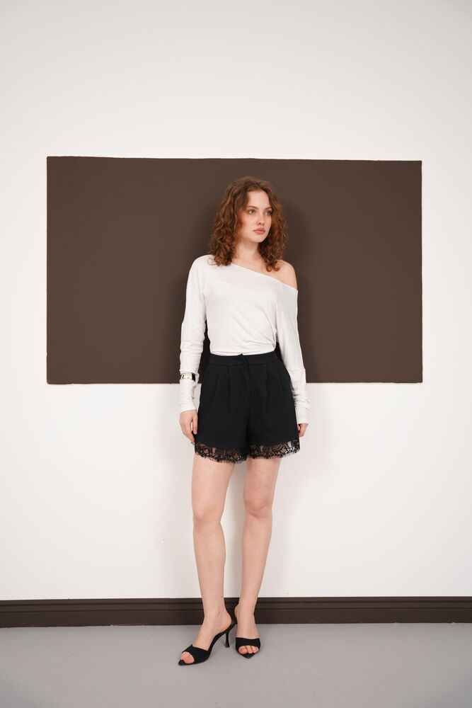 Dantel Detaylı Toptan Şort - Siyah | D2995 - Topshow