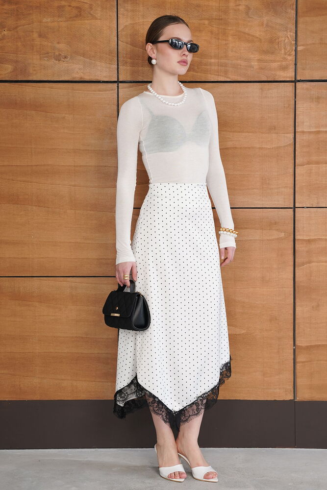 F 2077 DANTEL DETAYLI PUANTİYELİ SATEN ETEK - KREM