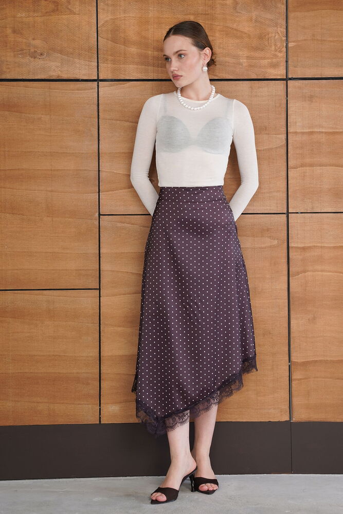 F 2077 DANTEL DETAYLI PUANTİYELİ SATEN ETEK - KAHVE