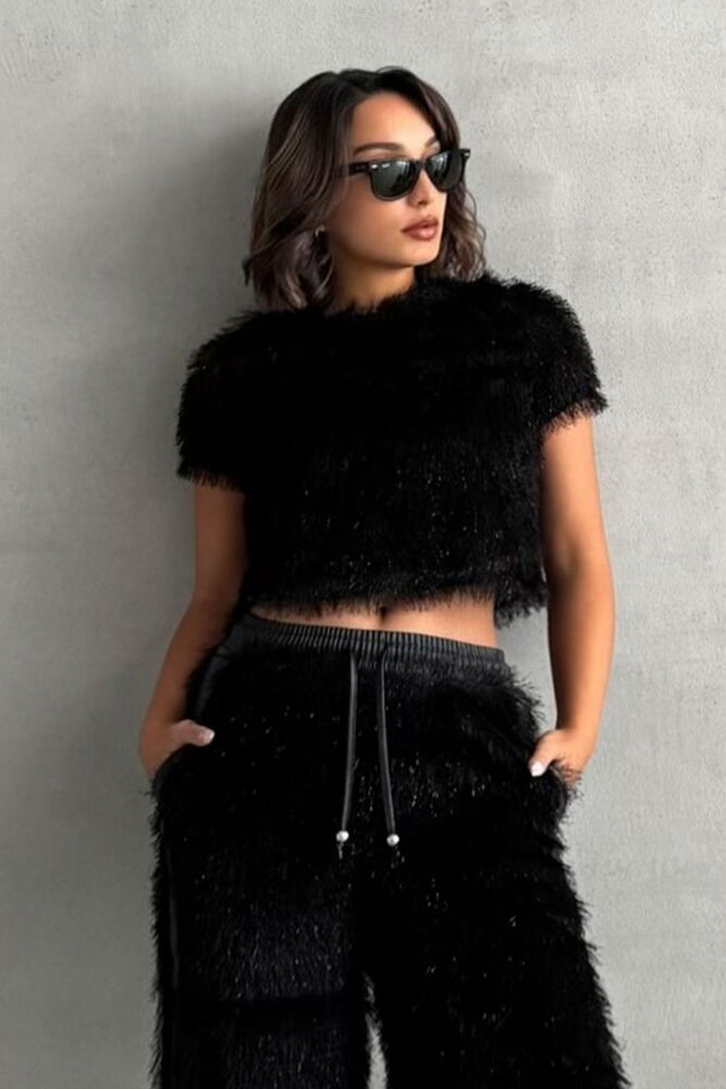 Topshow Siyah simli Saçaklı Toptan Bluz