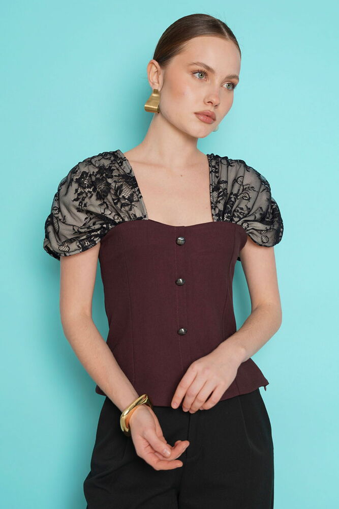 D 2994 OMUZ DANTEL DETAYLI KAYIK YAKA BLUZ - KAHVE