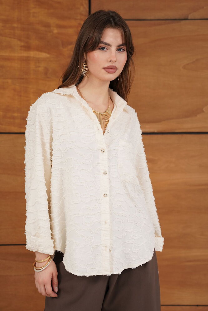 Topshow - Toptan Jakarlı Dokuma Gömlek - Krem