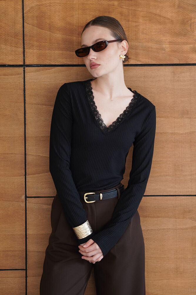 F 2088 YAKASI DANTEL DETAYLI SWEATSHIRT - SİYAH