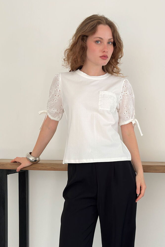 D 3111 BALON KOL NAKIŞLI CEPLİ T-SHIRT - KREM