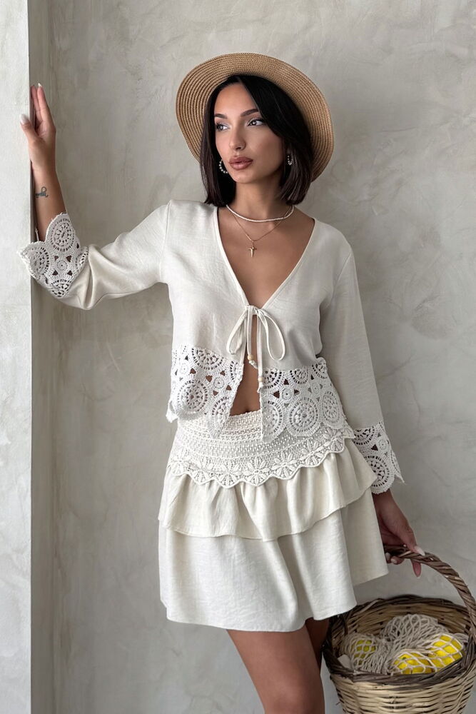 Dantel Detaylı Önden Bağlamalı Ceket - Taş | Topshow | F1946