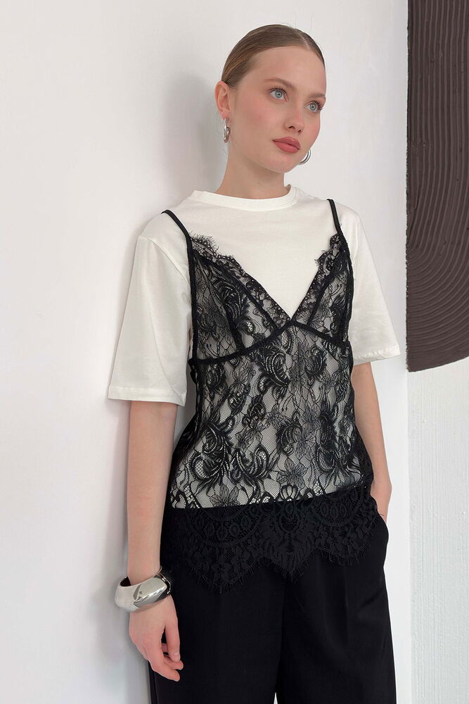 Penye Tunik Üstü Dantel Kısa Elbise - Krem | D3009 Topshow