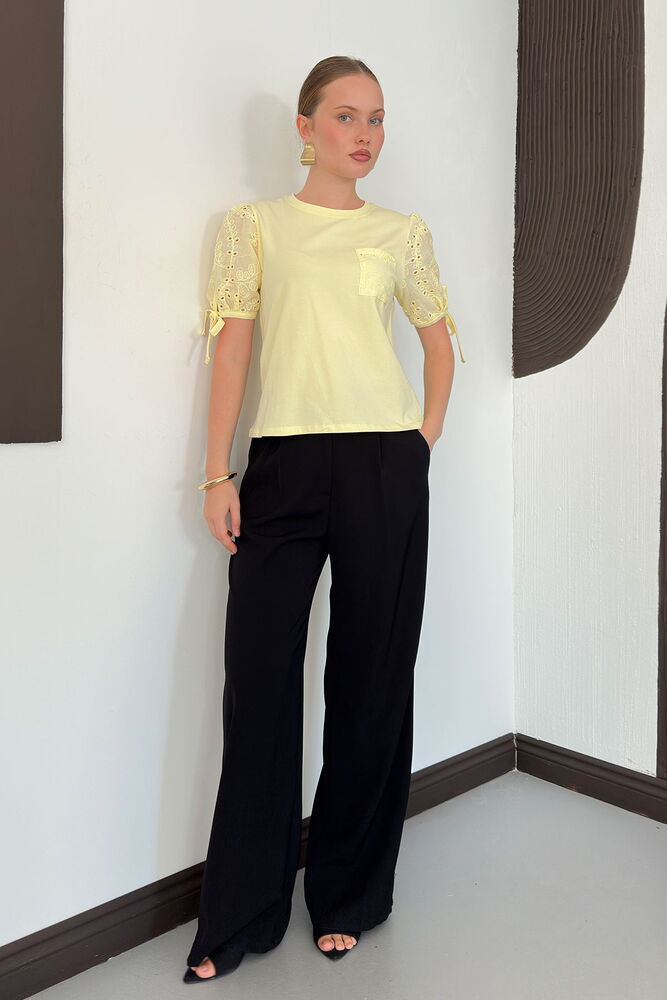 D 3111 BALON KOL NAKIŞLI CEPLİ T-SHIRT - SARI