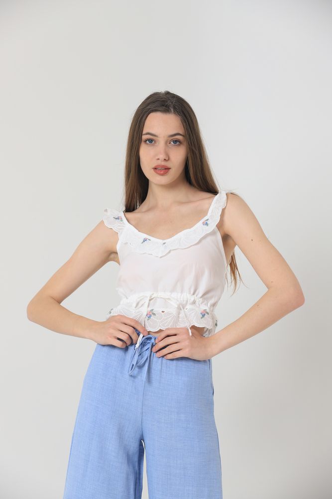 Topshow Pudra Mavi Omuzdan Omuza Fırfırlı Toptan Bluz