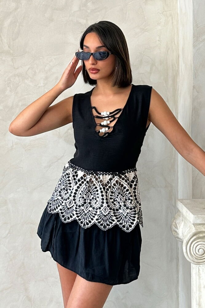 D 2781 NAKIŞLI KOLSUZ BLUZ - SİYAH TAŞ