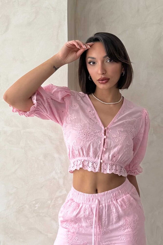 Fisto Detaylı Nakışlı Bluz - Pembe | Topshow