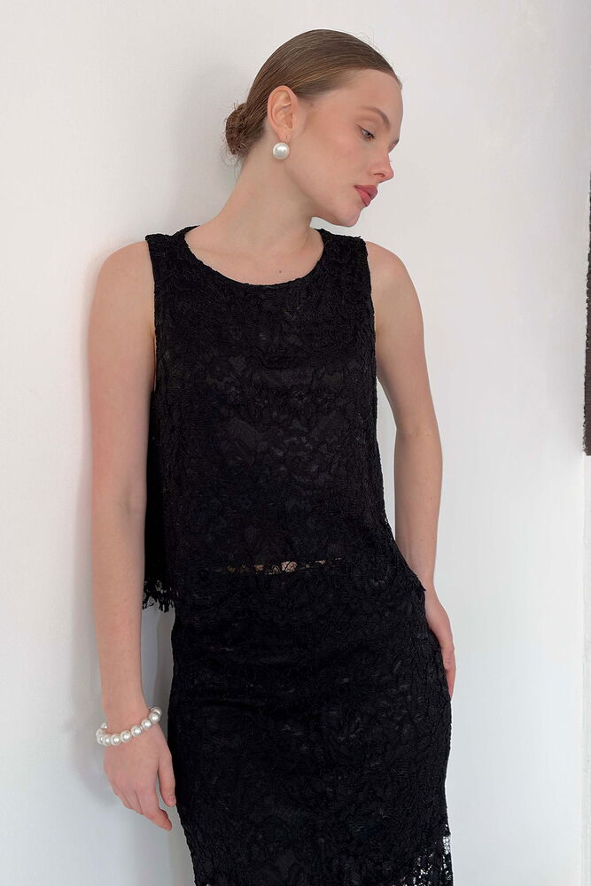 Dantel Kolsuz Bluz - Siyah | D3011 Topshow