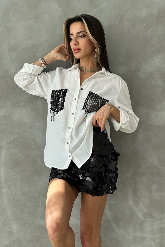 Topshow Krem Gümüş Cep Cep Deyalı Uzun Kol Oversize Toptan Gömlek