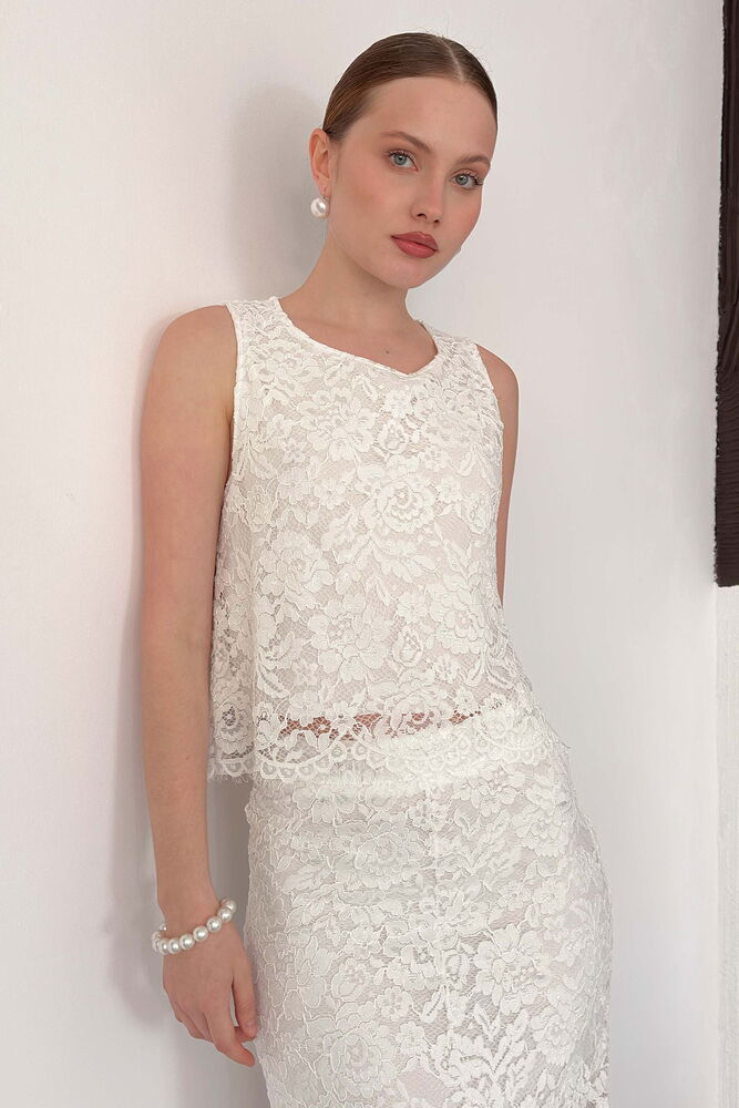 Dantel Kolsuz Bluz - Krem | D3011 Topshow