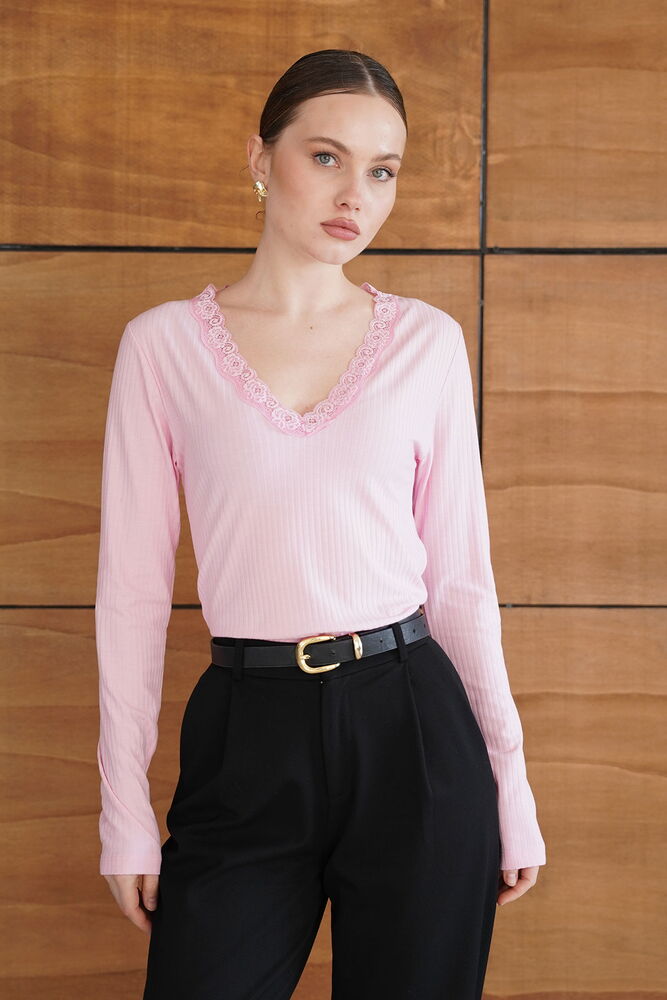 F 2088 YAKASI DANTEL DETAYLI SWEATSHIRT - PEMBE