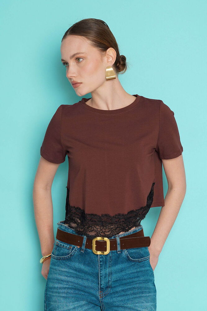 D 3001  DANTEL DETAYLI BİSİKLET YAKA T SHIRT - KAHVE