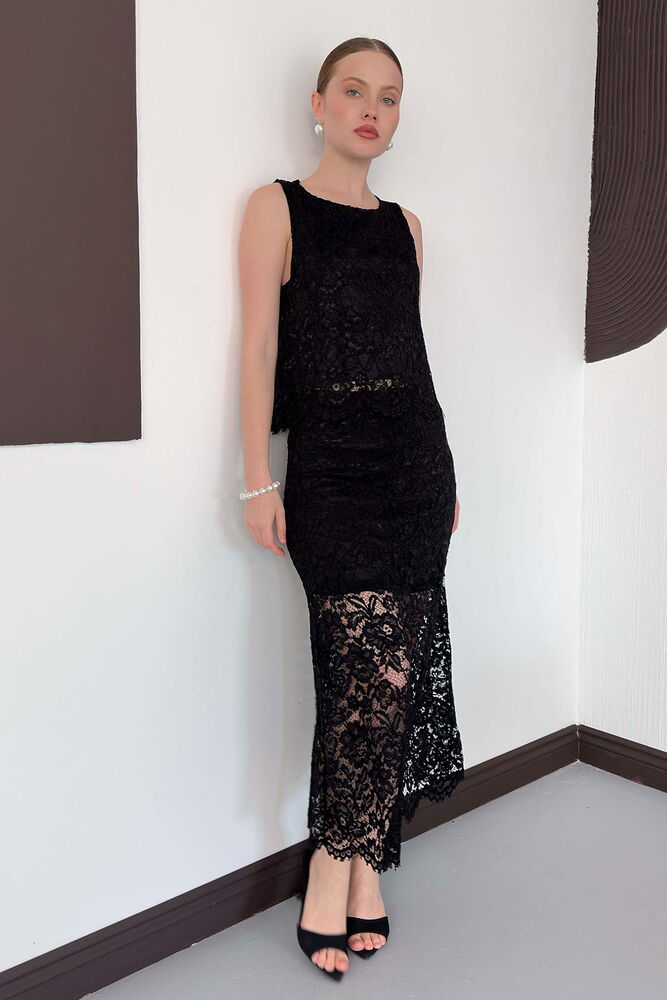 Dantel Uzun Etek - Siyah | D3012 Topshow