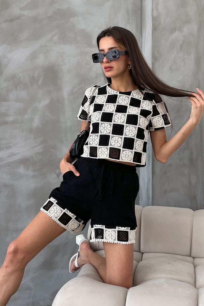 Topshow Siyah Dantel Detaylı TOPTAN T-SHİRT