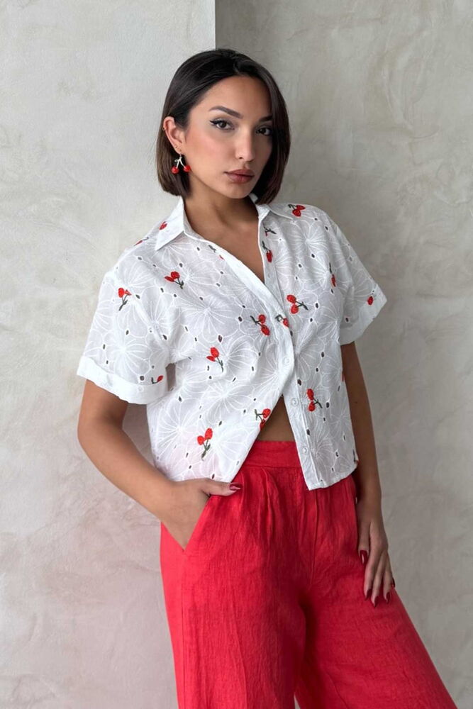D 2806 NAKIŞLI BRODE GÖMLEK - KİRAZ