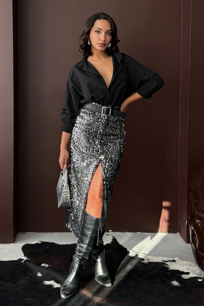 Topshow  | Pullu Kadife Uzun Etek - Gümüş | F2053