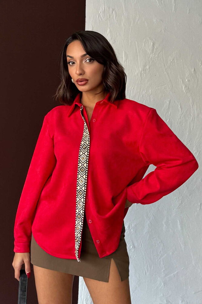 F 1973 ŞERİT DETAYLI SCUBA SÜET GÖMLEK - KIRMIZI