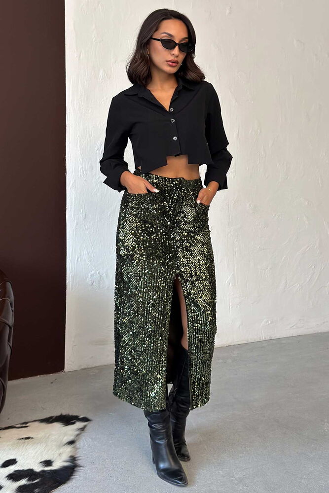 Topshow Pullu Kadife Uzun Etek - Haki | F2053