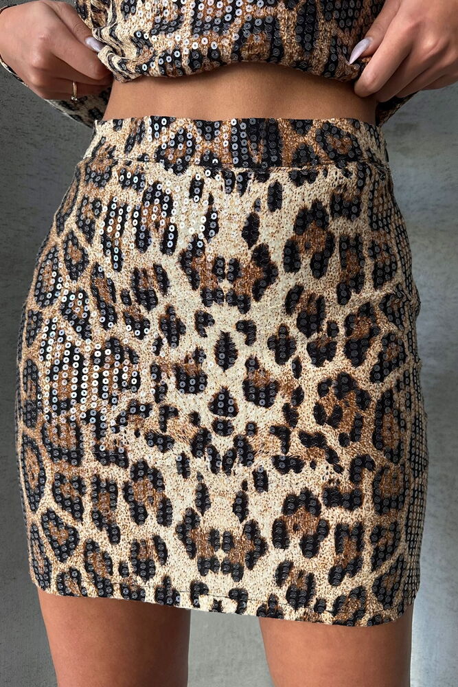 Topshow Pullu Leopar Leopar Desenli Pullu Toptan Etek