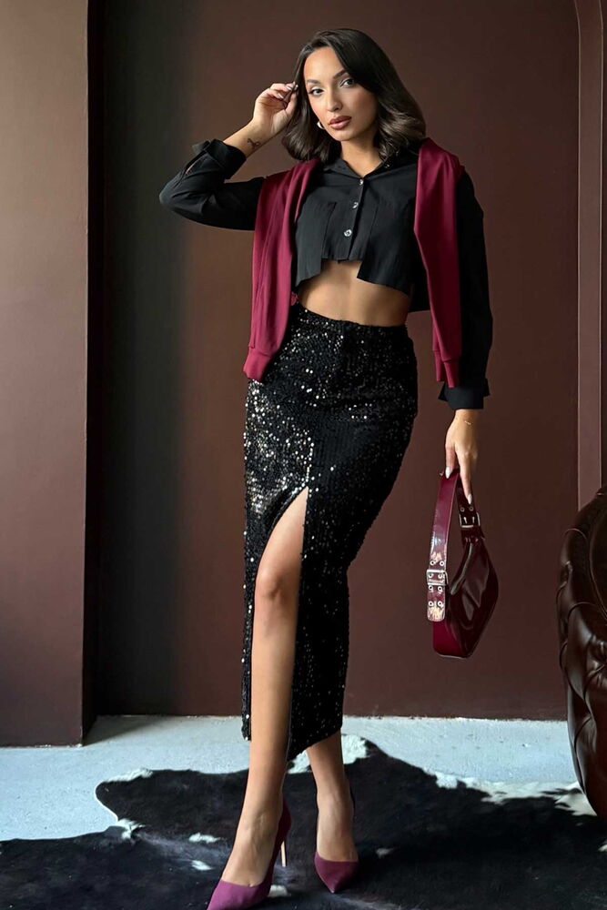 Topshow Pullu Kadife Uzun Etek - Siyah Siyah | F2053