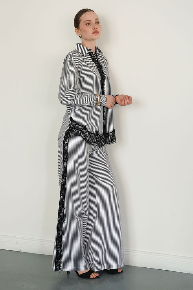 F2083 DANTEL DETAYLI ÇİZGİLİ PANTOLON - SİYAH