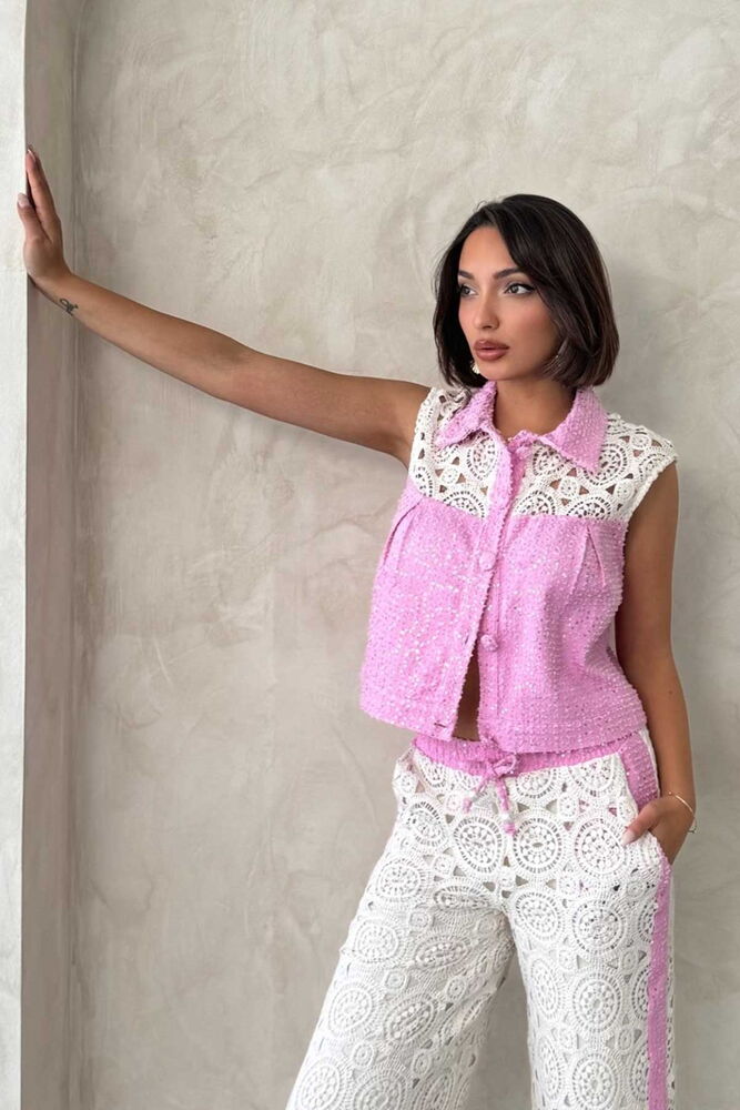 D 2845 DANTEL DETAYLI PULLU KOT CEKET - PEMBE