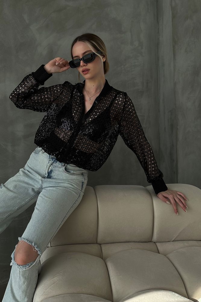 Topshow Siyah Pul Detaylı Abiye Toptan Bluz