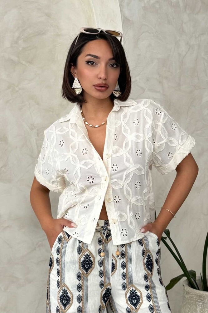 D 2851 NAKIŞLI SÜZÜNELİ GÖMLEK - KREM