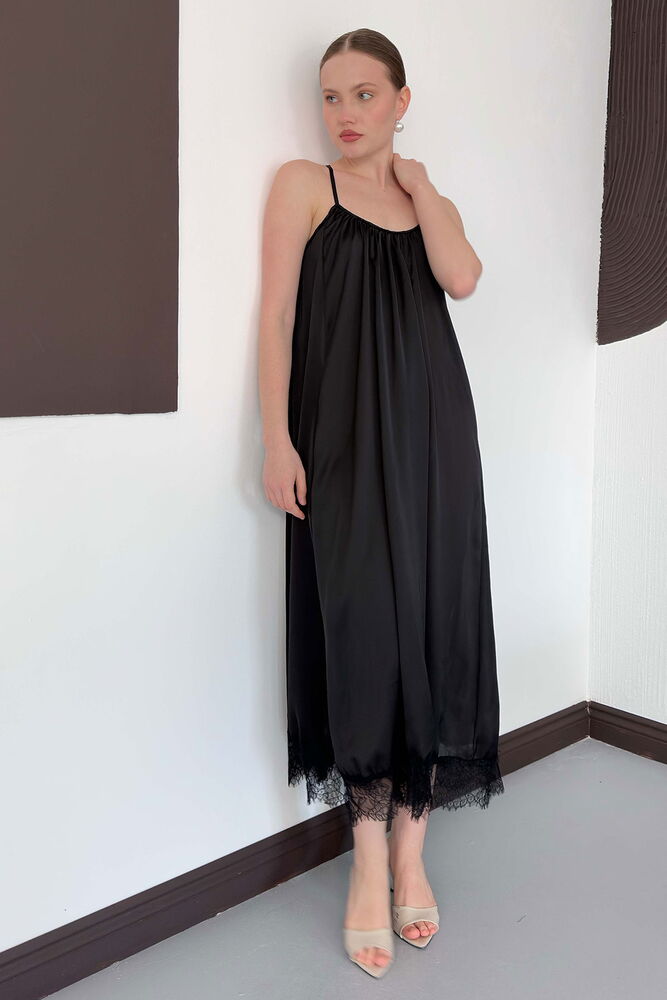 D 3022 DANTEL DETAYLI SATEN ELBİSE - SİYAH