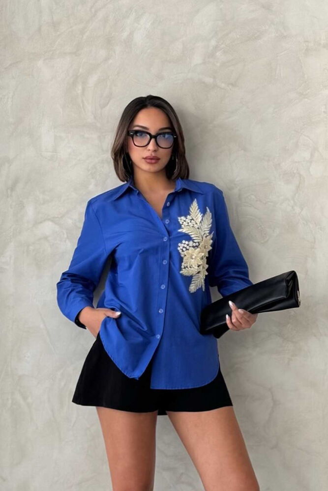 Çicek Detaylı Gömlek - Saks | Topshow