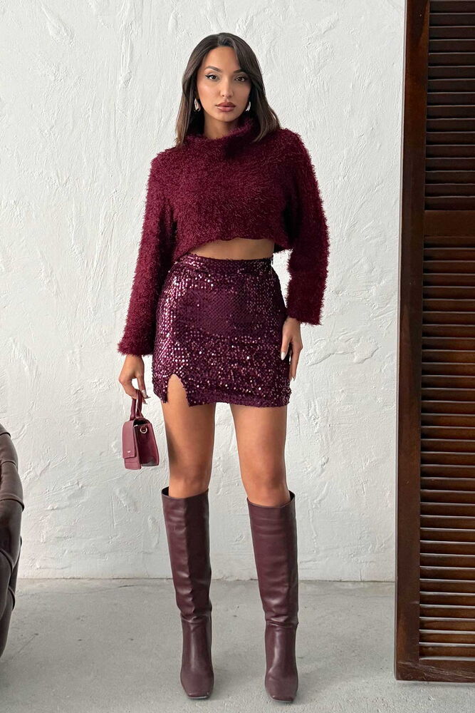 Topshow Pullu Kadife Payet Mini Etek - Mürdüm | F2054