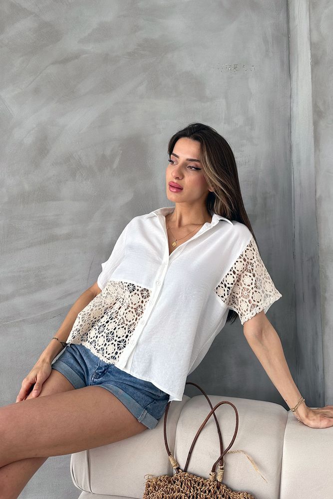 Topshow Krem Dantel Detaylı Toptan Gömlek