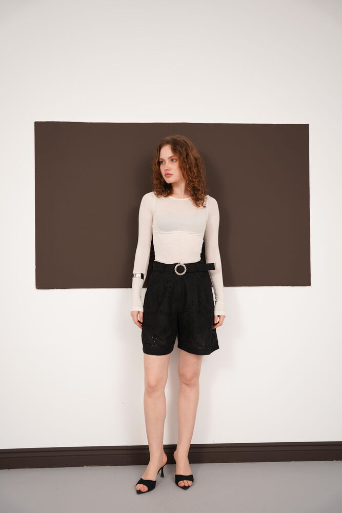 Nakışlı Vual Toptan Şort - Siyah | D2821 - Topshow