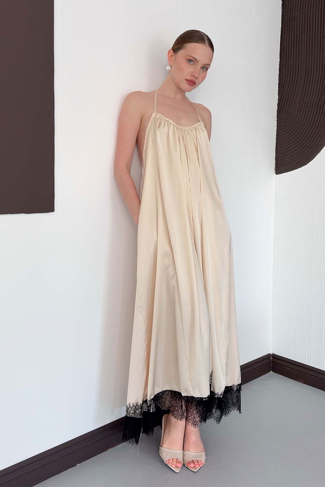 D 3022 DANTEL DETAYLI SATEN ELBİSE - TAŞ