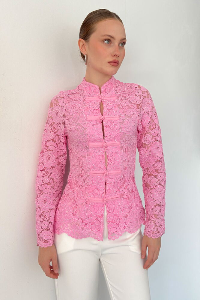 F 2115 DANTEL UZUN KOL GÖMLEK - PEMBE